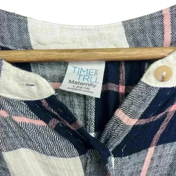 Time and Tru Maternity Blue and Pink Plaid Ruffle Button Down | Size Large - Picture 3 of 4